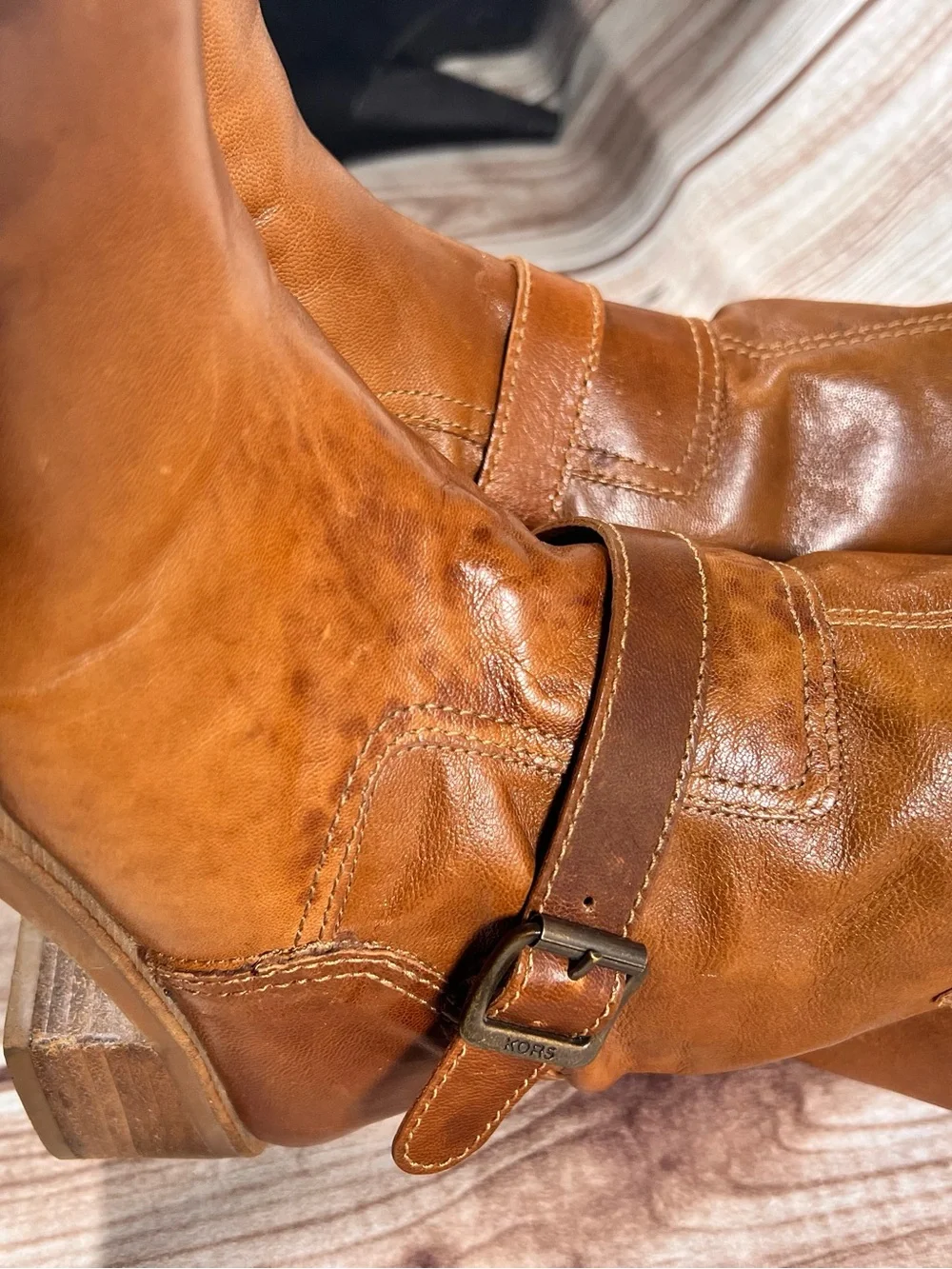 Michael Kors Women's Tan Leather Mid-Calf Buckle Boots